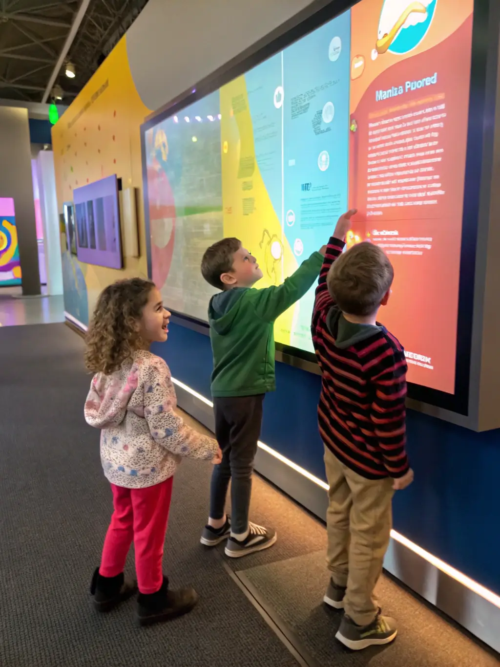 A group of children enthusiastically participating in a mineral identification workshop at the Maison de la Géologie "Wolframines", surrounded by various mineral samples and learning tools.
